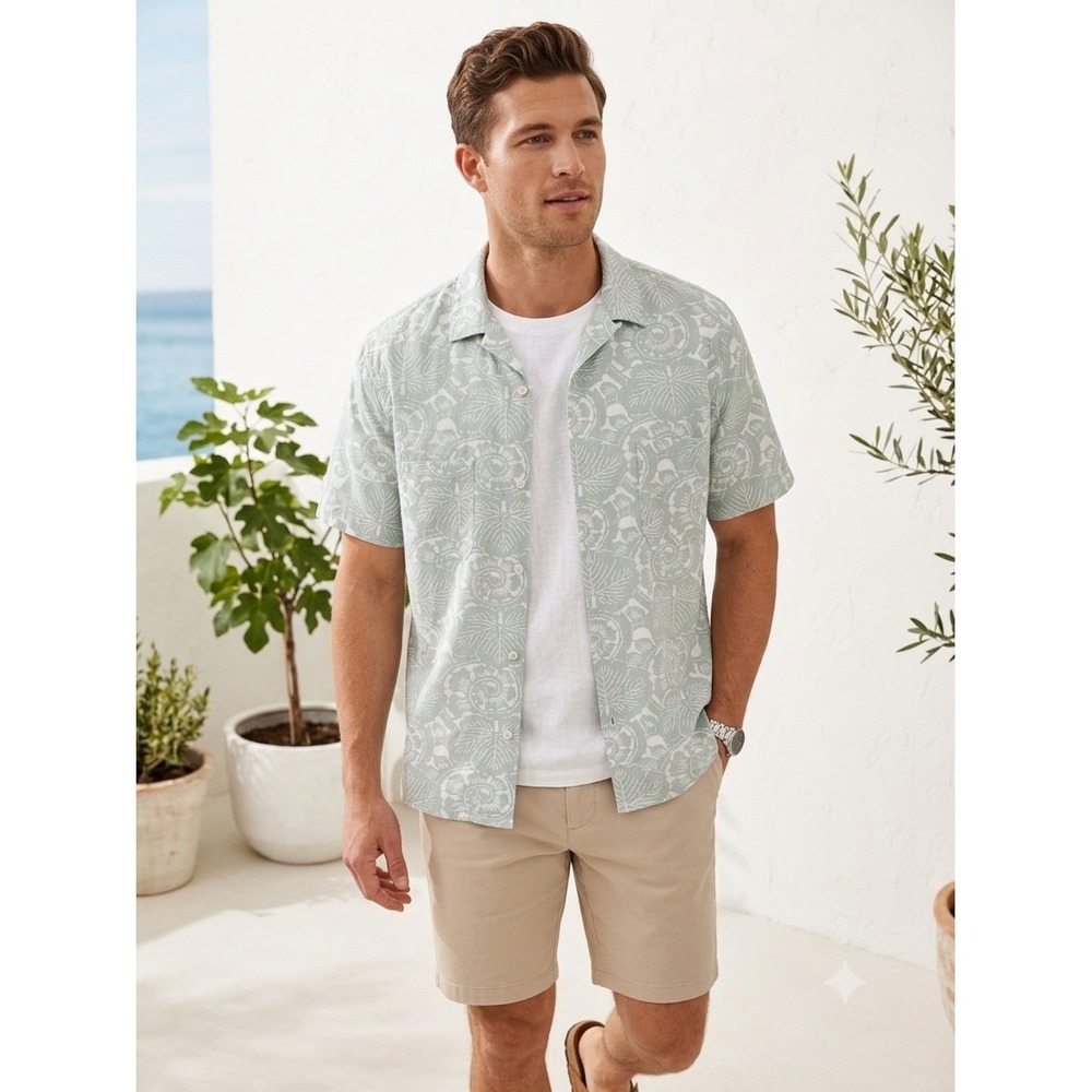 Vince Button Down Men XL Sage Green Tropical Shell Linen Blend M55371372‎ Shirt